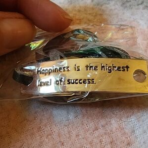 Happiness Silver & Black Leather Inspirational Bracelet